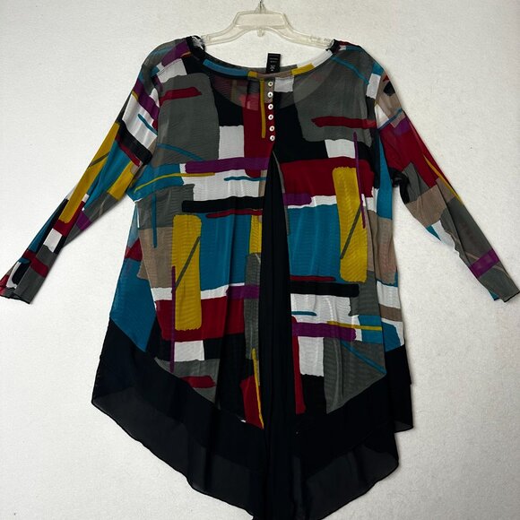 Ali Miles Tunic Top 1X sheer built in tank asymmetric colorful artsy button back - Picture 6 of 7